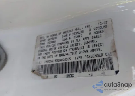 2008 Honda Accord 3.5 Ex-L z USA, uszkodzony, nr VIN 1HGCS21858A004365